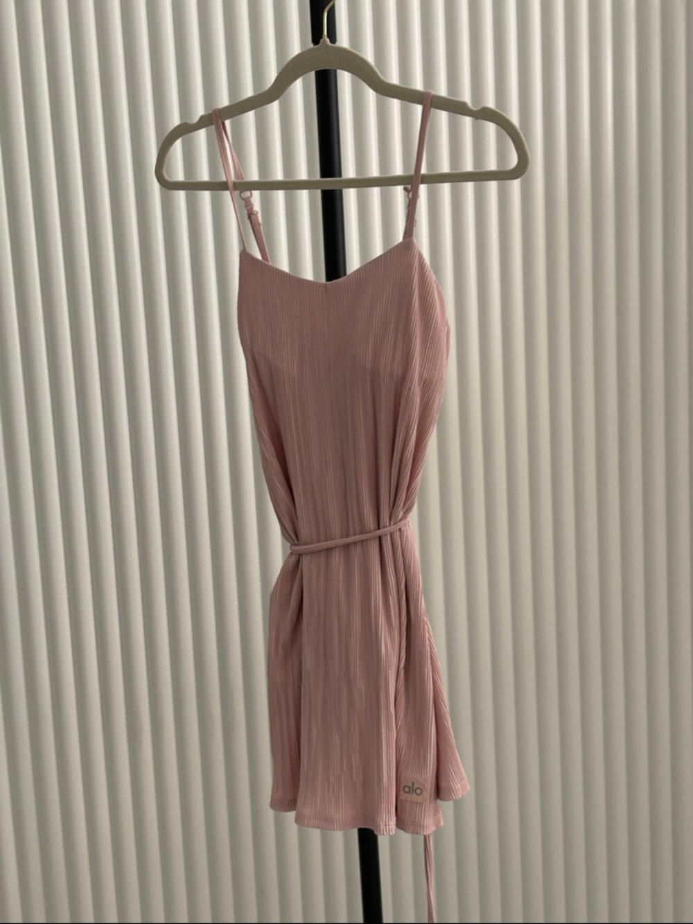 ALO Yoga Pink Pleated Spaghetti-Strap Mini Dress